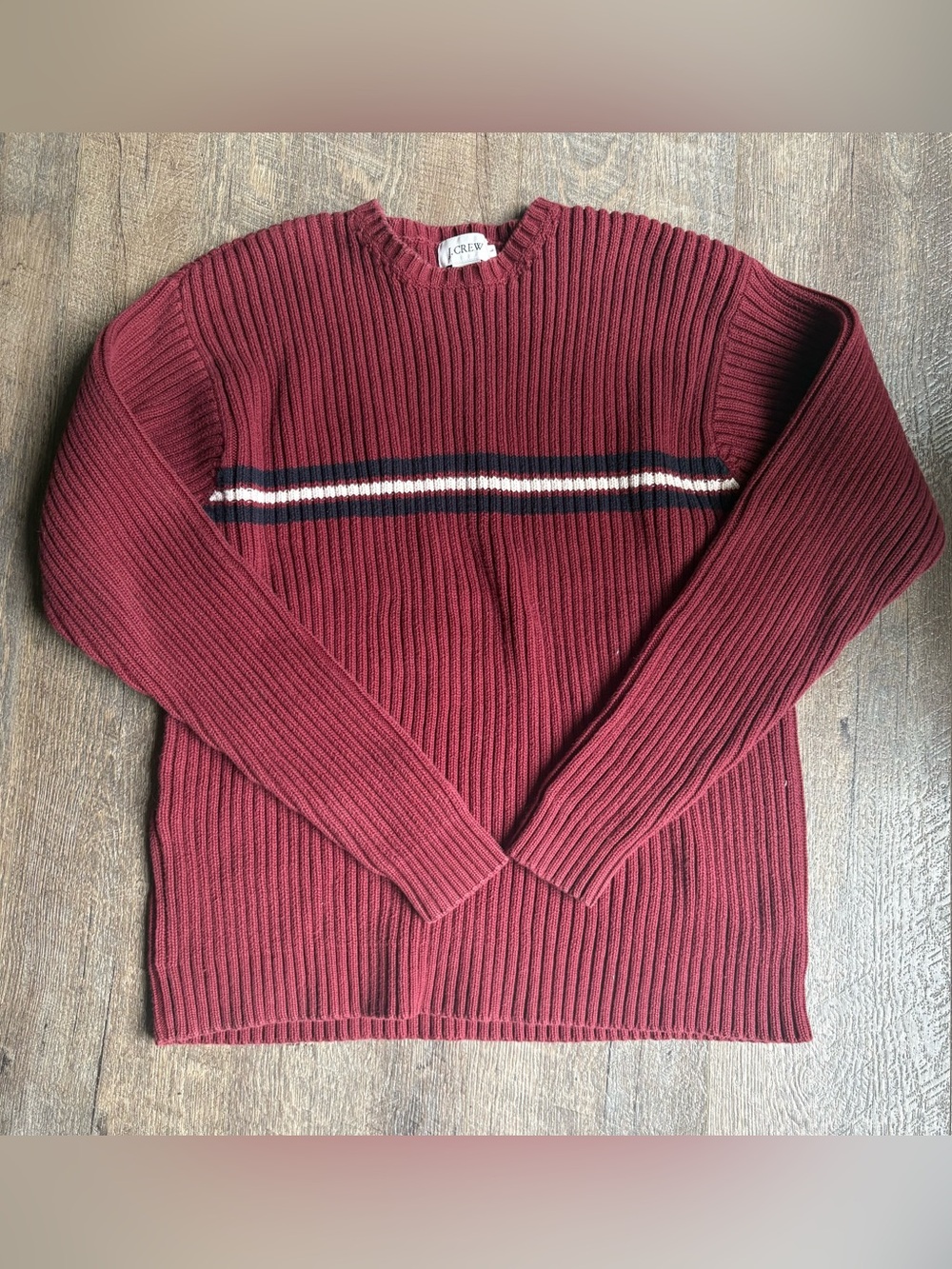 J Crew Sweater Mens L Red and Black Stripe Vintage 100% Cotton Pull Over